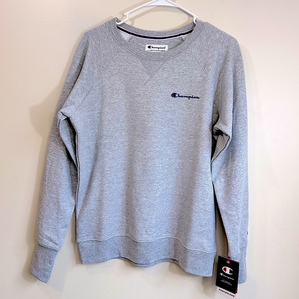 NWT Champion Powerblend Crewneck Script Logo Oxford Grey Sweatshirt Size Medium - Picture 15 of 16